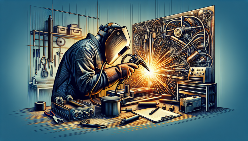 A person wearing a welding helmet and protective gear welding metal on a workbench in a workshop, with sparks flying and mechanical equipment around.