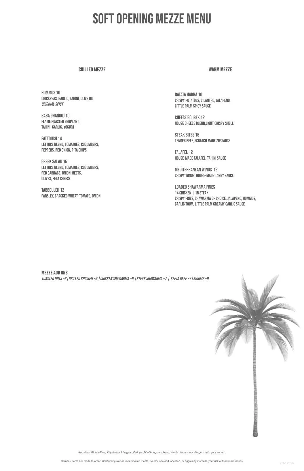 Menu with options for chilled and warm mezze, including hummus, baba ghanouj, fatoush, Greek salad, tabbouleh, and various grilled and fried items, with a decorative palm tree illustration in the bottom right corner.
