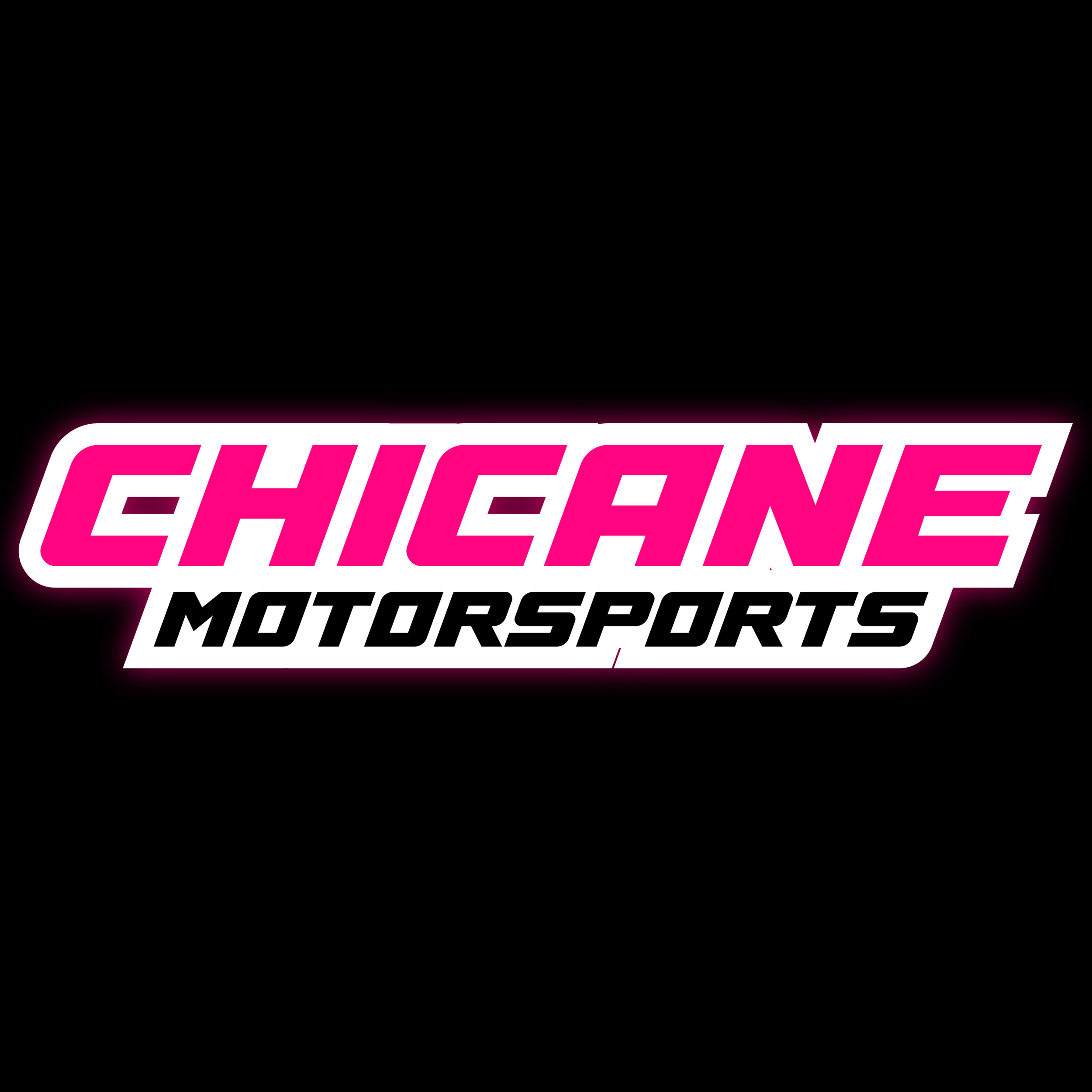 Logo for Chicane Motorsports with pink and black text on a black background.