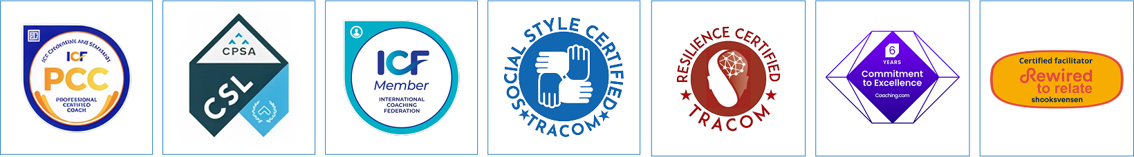 Collection of seven certification logos related to coaching, communication, resilience, and facilitation, with various company and organization emblems.