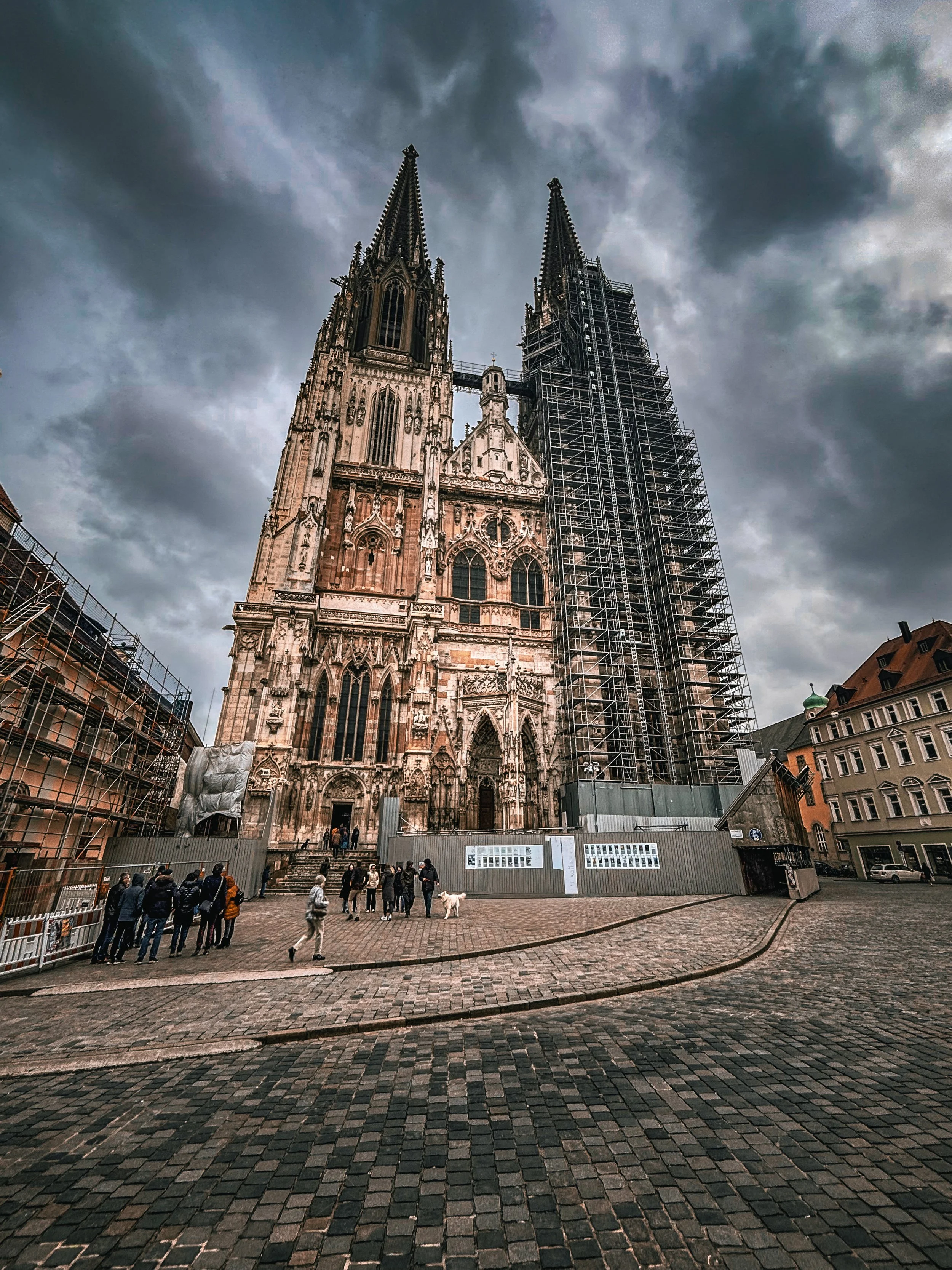 View of a historic gothic cathedral under renovation, with scaffolding on part of the building, against a cloudy sky. People and a dog are seen in the foreground on a cobblestone square.