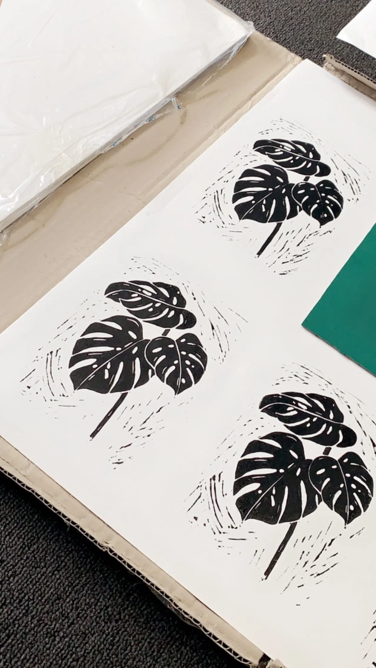 Black and white print of Monstera leaf illustrations on paper.
