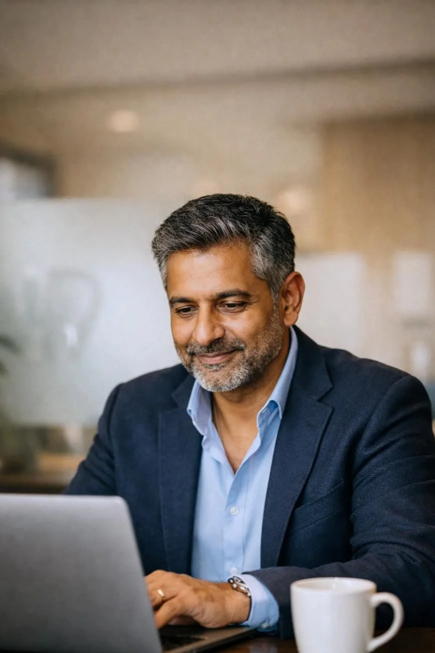 A middle-aged dental practice owner, wearing a dark blazer and light blue shirt, working on a laptop in his practice, reviewing Zelenta call analytics, with a white coffee mug on the table.