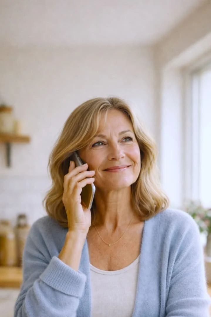 A dentistry patient with shoulder-length blonde hair smiling and talking with Zelenta on a cell phone in a bright kitchen, looking very satisfied with the service being provided.