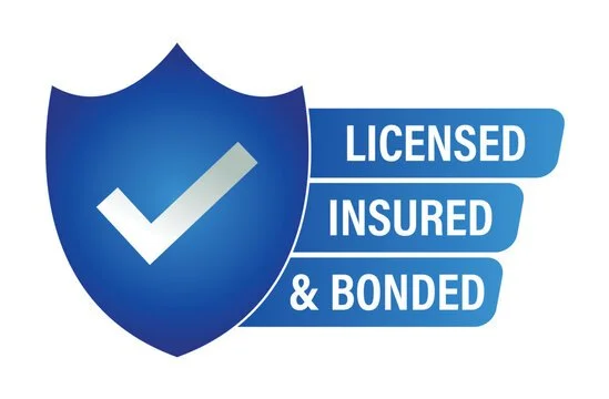 A shield with a checkmark and text that reads 'Licensed, Insured, & Bonded'