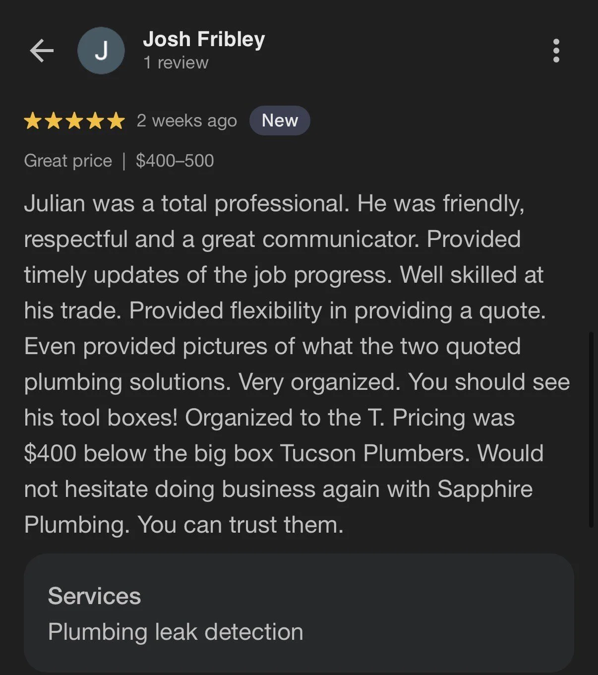 Google review for a plumbing service from Josh Fribley praising Julian for professionalism and quality, mentioning plumbing leak detection. The review highlights: five stars, price range $400-$500, and positive attributes such as communication, organ