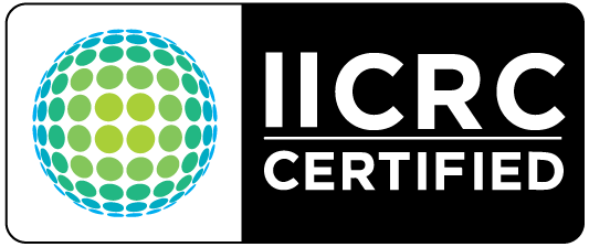 IICRC Certified logo featuring a globe design with blue and green dots and text indicating certification.