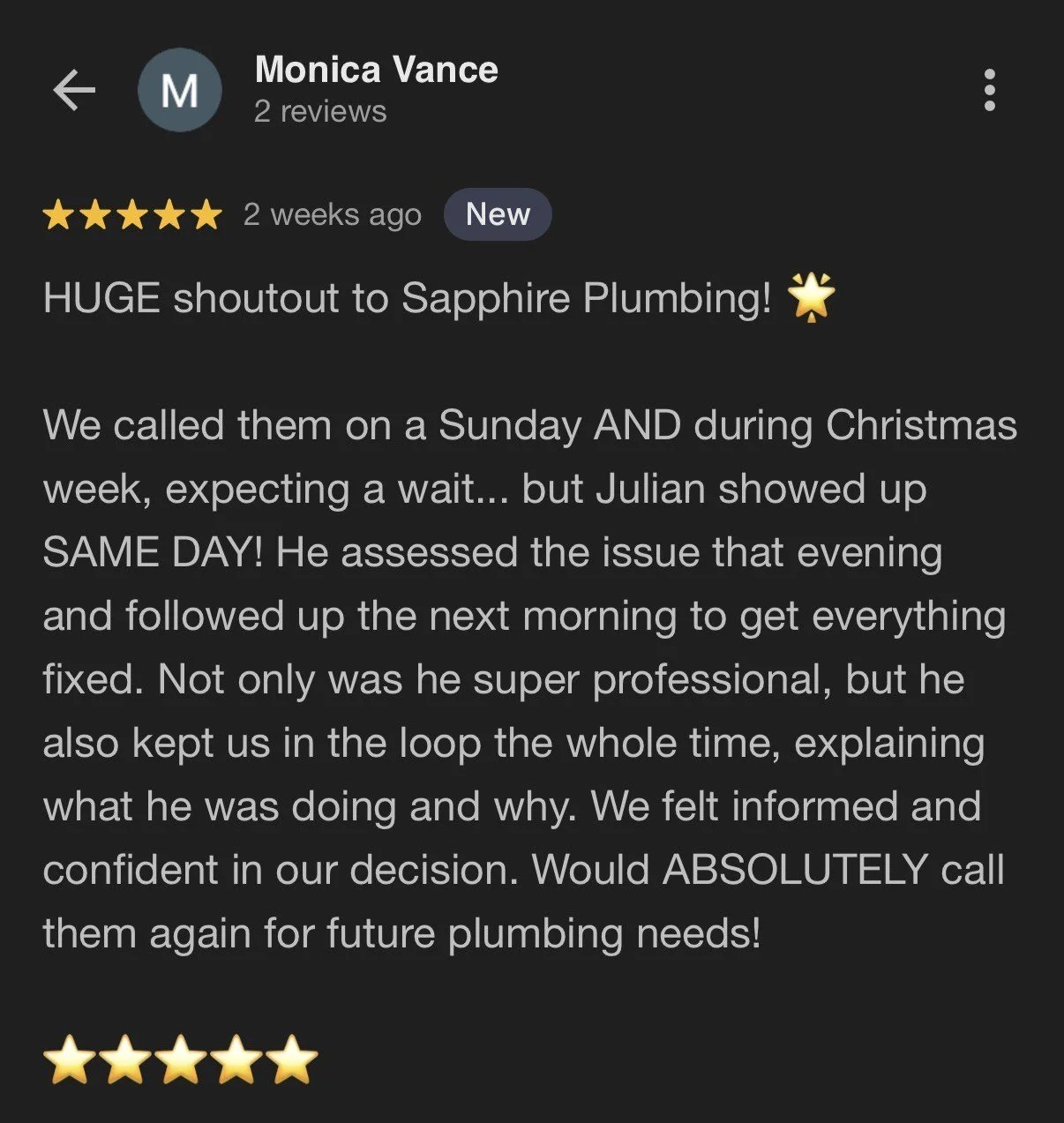 Screenshot of a customer review praising Sapphire Plumbing, mentioning their prompt service during Christmas week, with five-star rating.