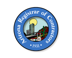 Seal of the Arizona Registrar of Contractors featuring a building, trees, and a sun with the text 'Arizona Registrar of Contractors 1931' around the border.