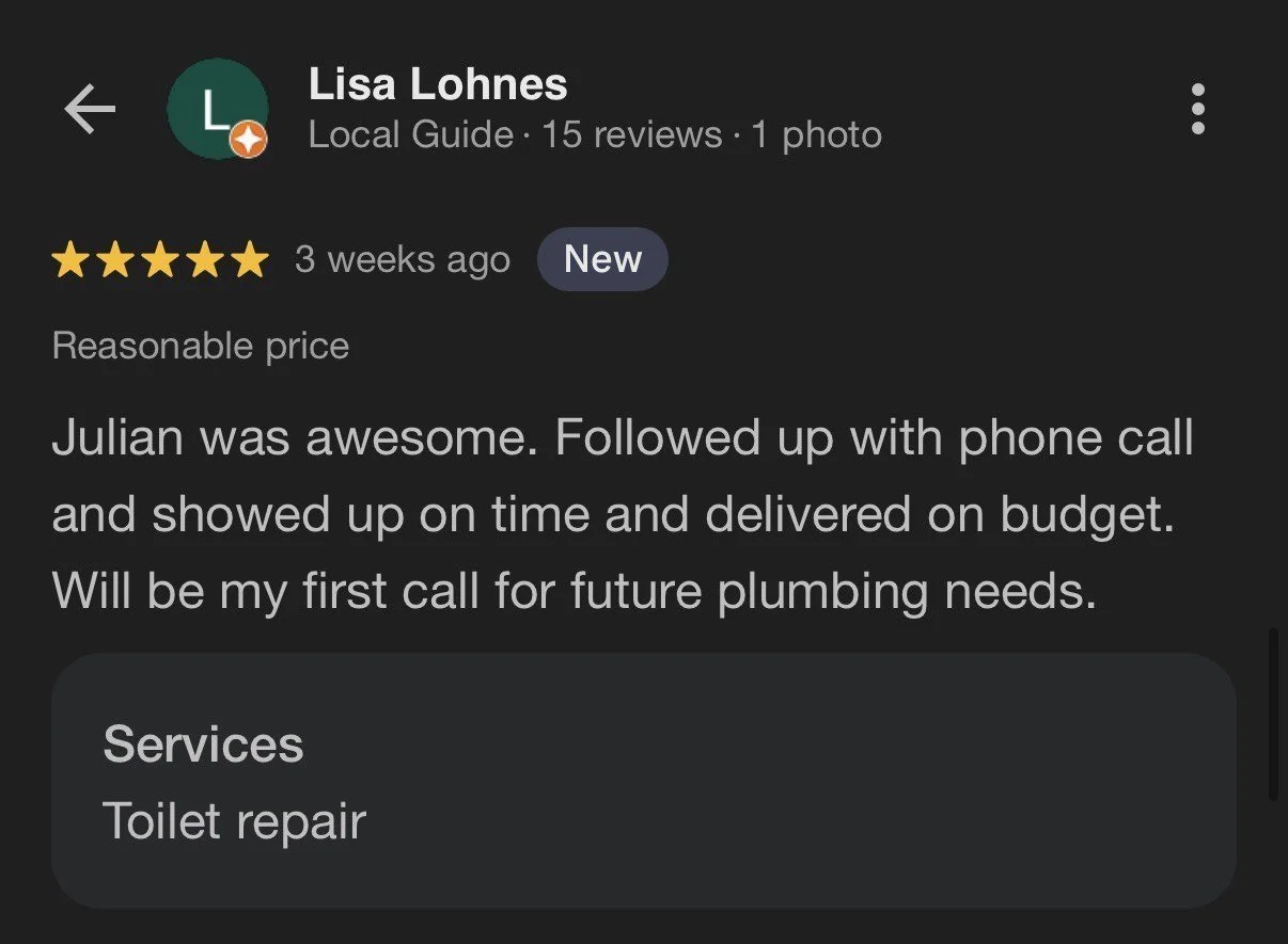 Screenshot of a Google review for a plumbing service, praising Julian for toilet repair, mentioning friendly service, punctuality, budget-friendly, and willingness to be contacted for future needs.