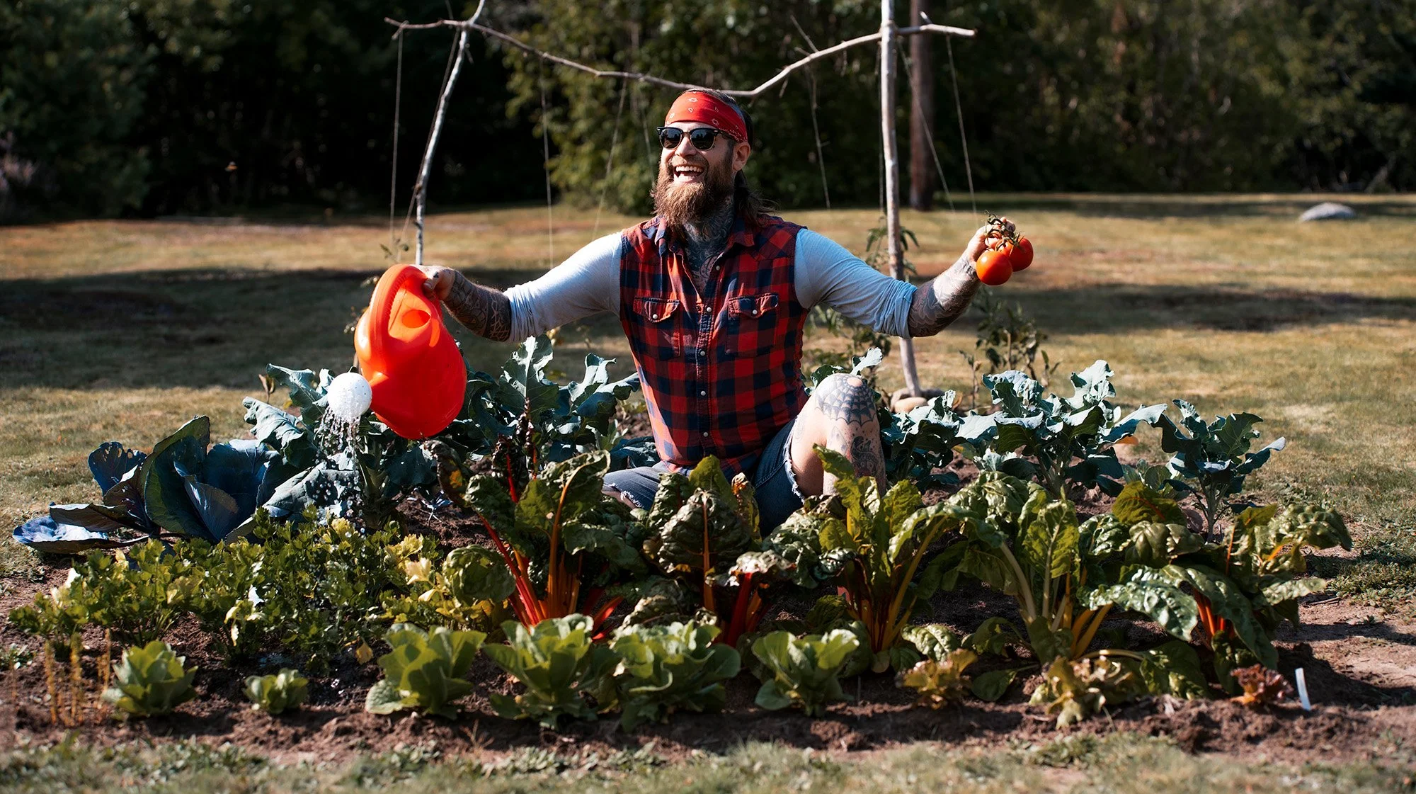 Homestead hipster with home grown garden veggies