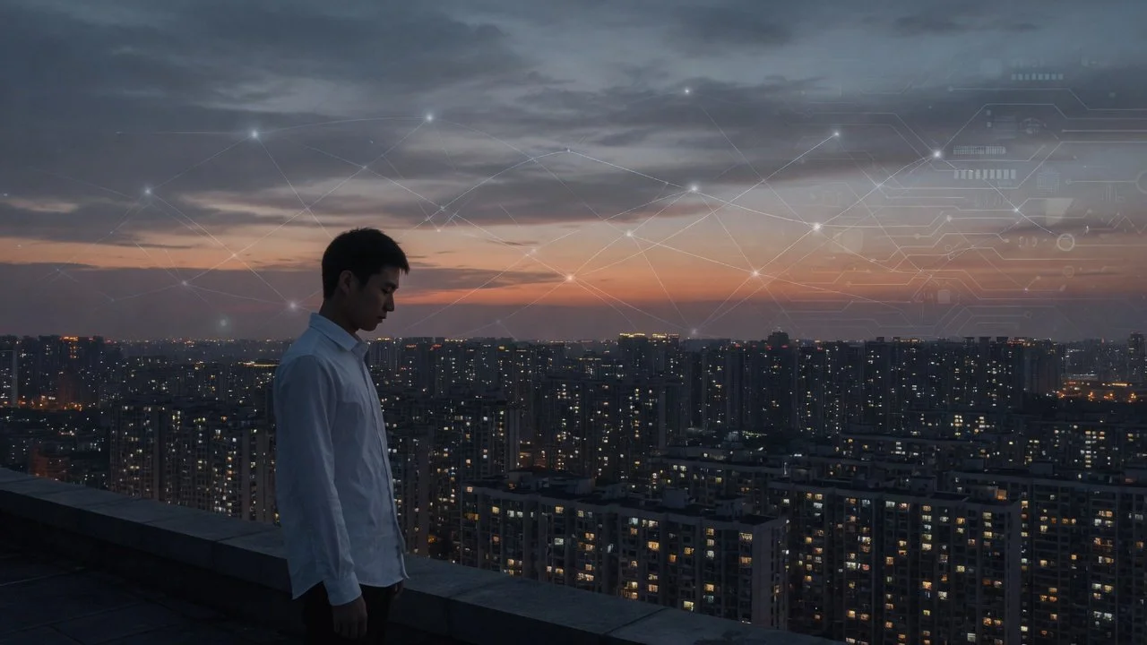 Young Chinese man looks defeated overlooking dusk skyline with AI interface