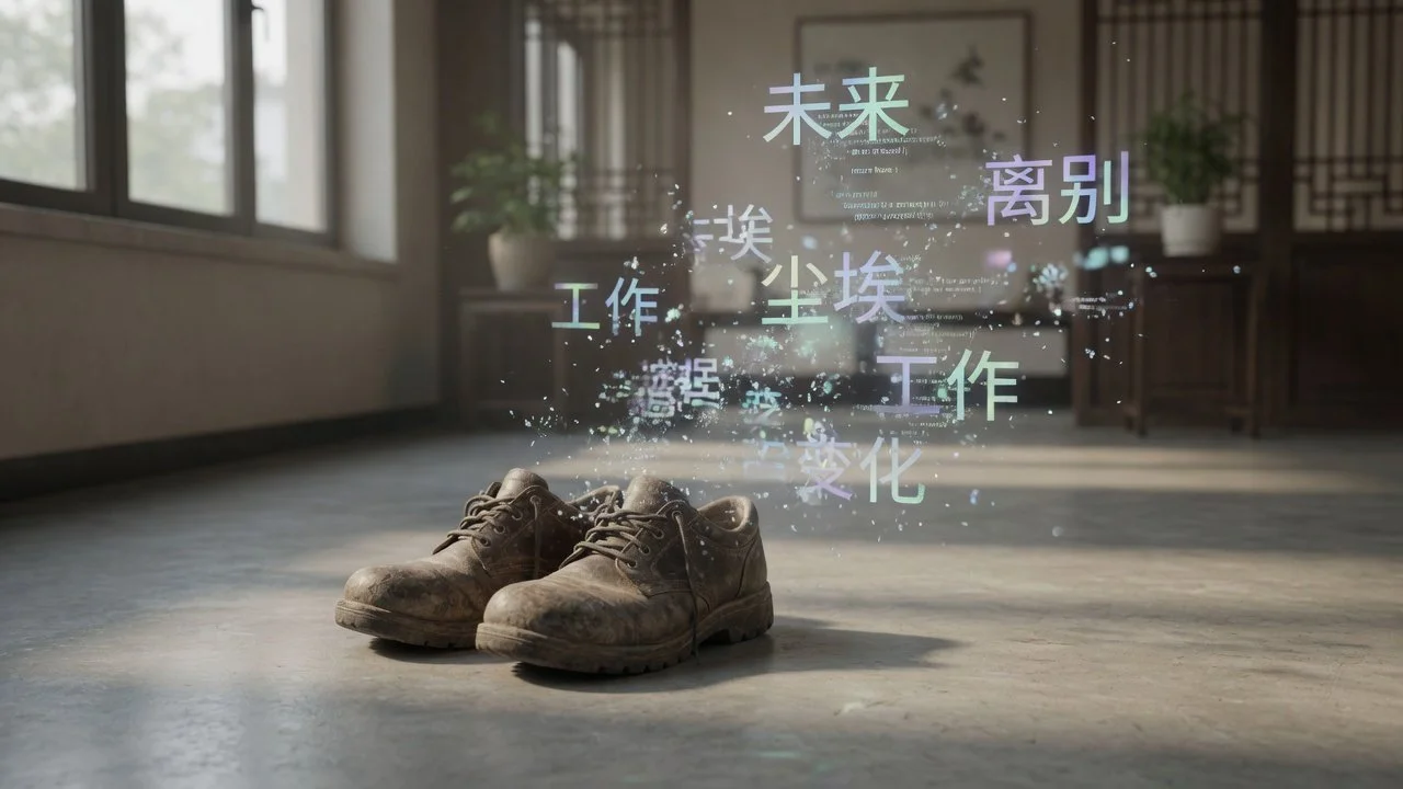 Old shoes worn out with digital Chinese characters above them