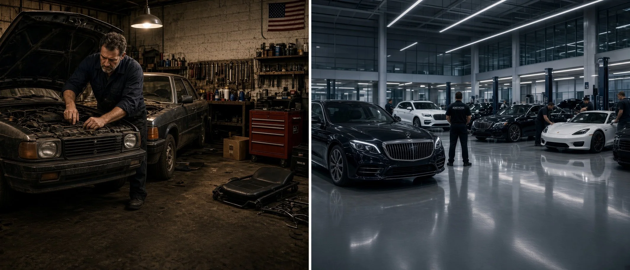 The left side shows a friendly honest neighborhood mechanic, the right shows a fancy scam mechanic that can't be trusted