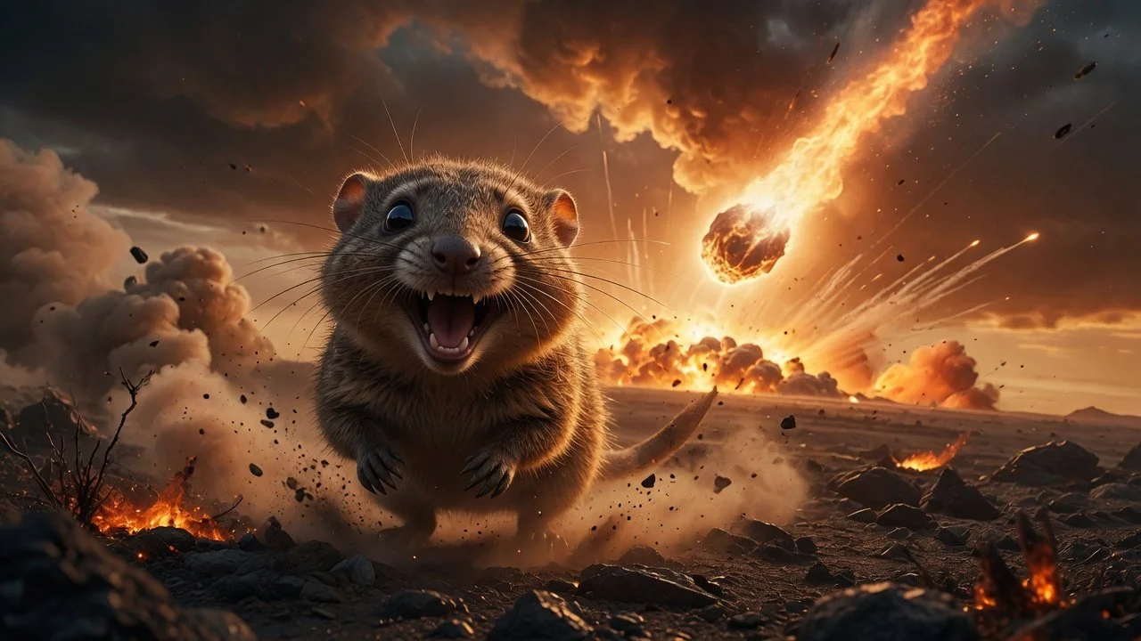 Rodent human ancestor happily running from the dinosaur asteroid hit