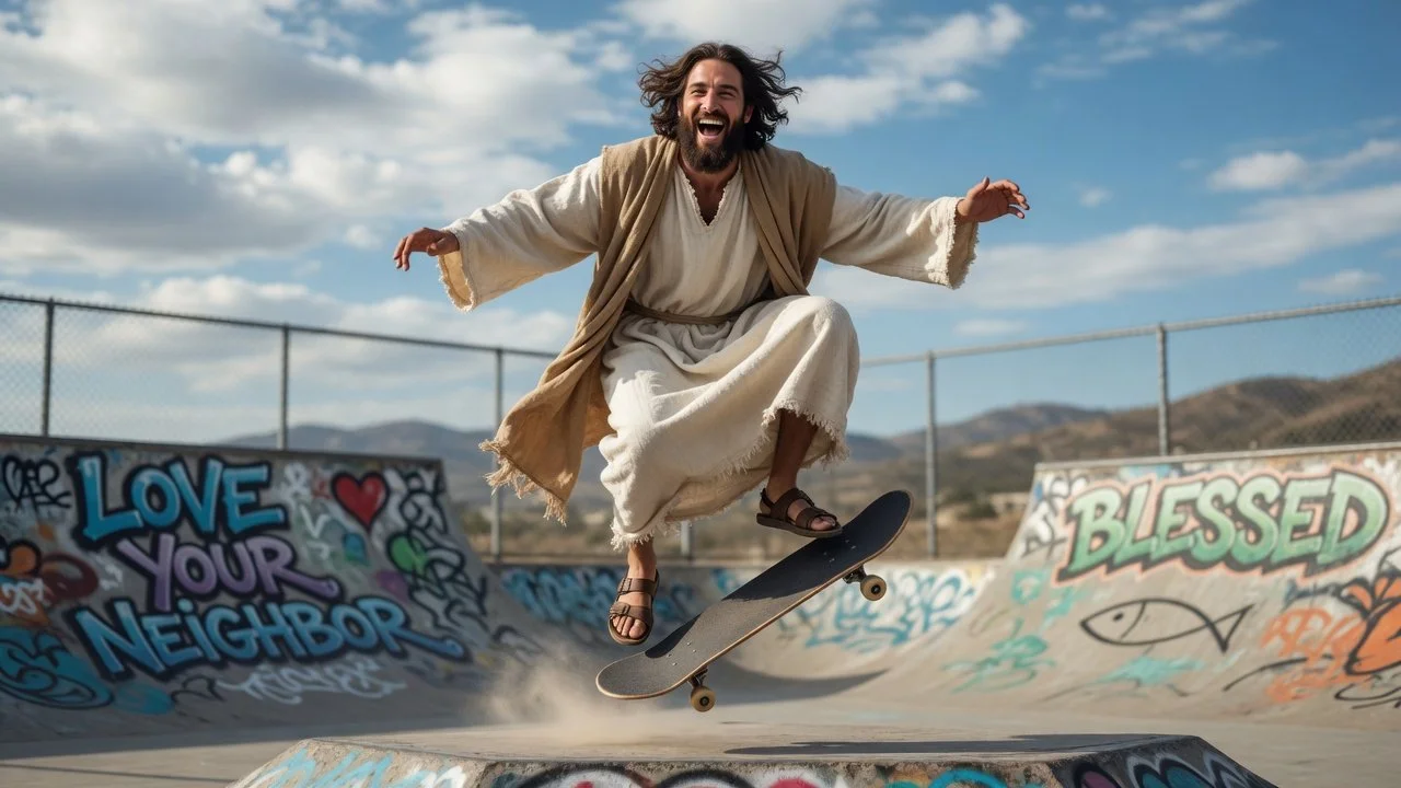 Happy Jesus in a skatepark doing a kickflip