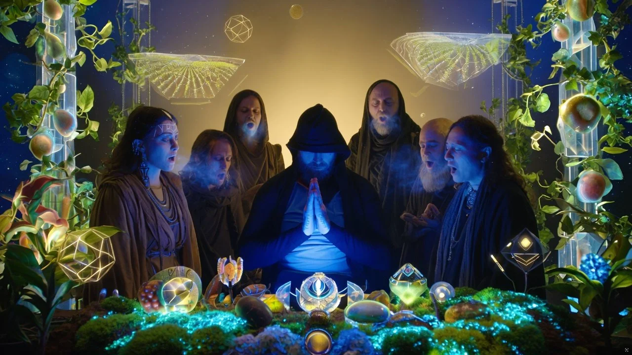 a prophet prays in sustainable abundance surrounded by a chanting occult