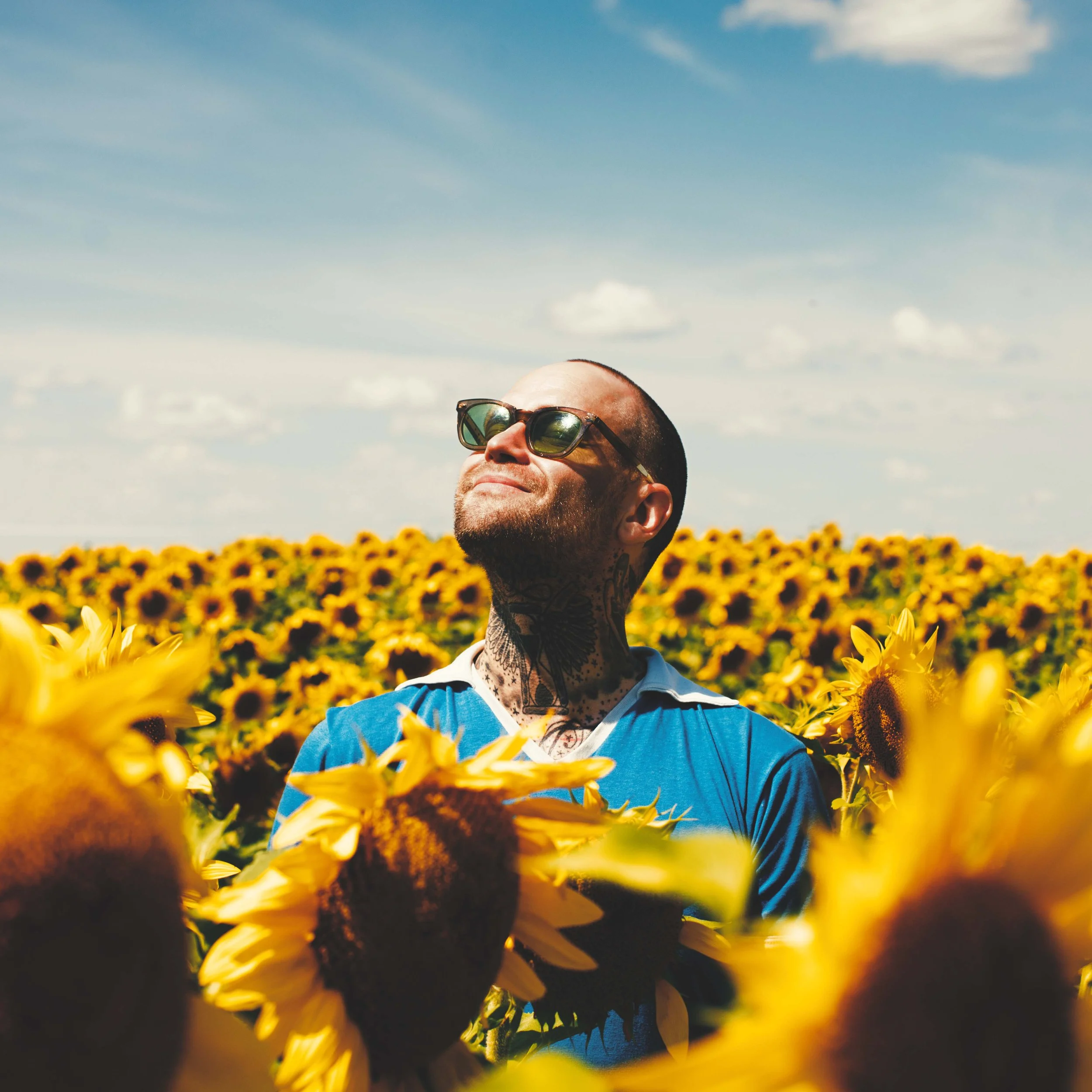Reggie Grey standing in a field of sunflowers