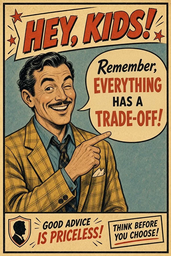 1950s adverstiing cartoon poster of a man pointing to text reading remember, everything has a price