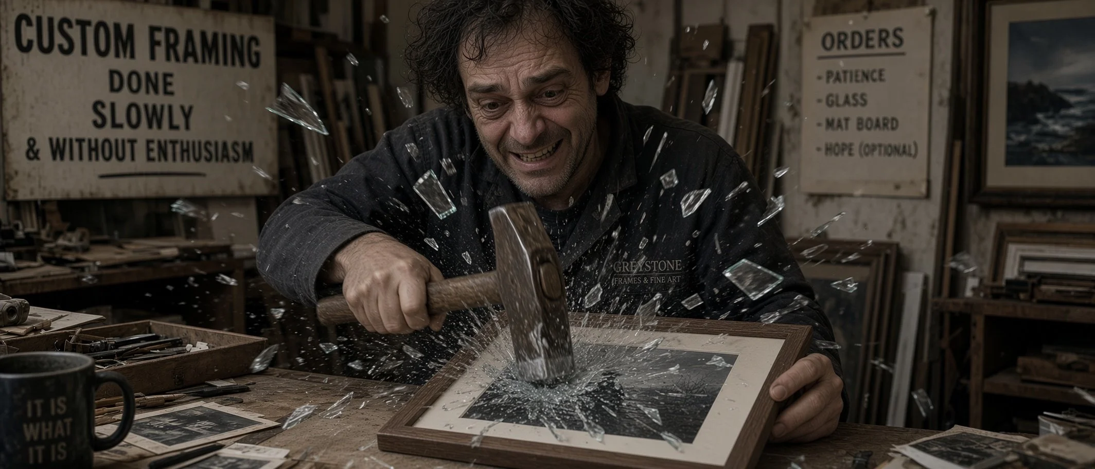 Sad framing man using a hammer to smash a picture frame