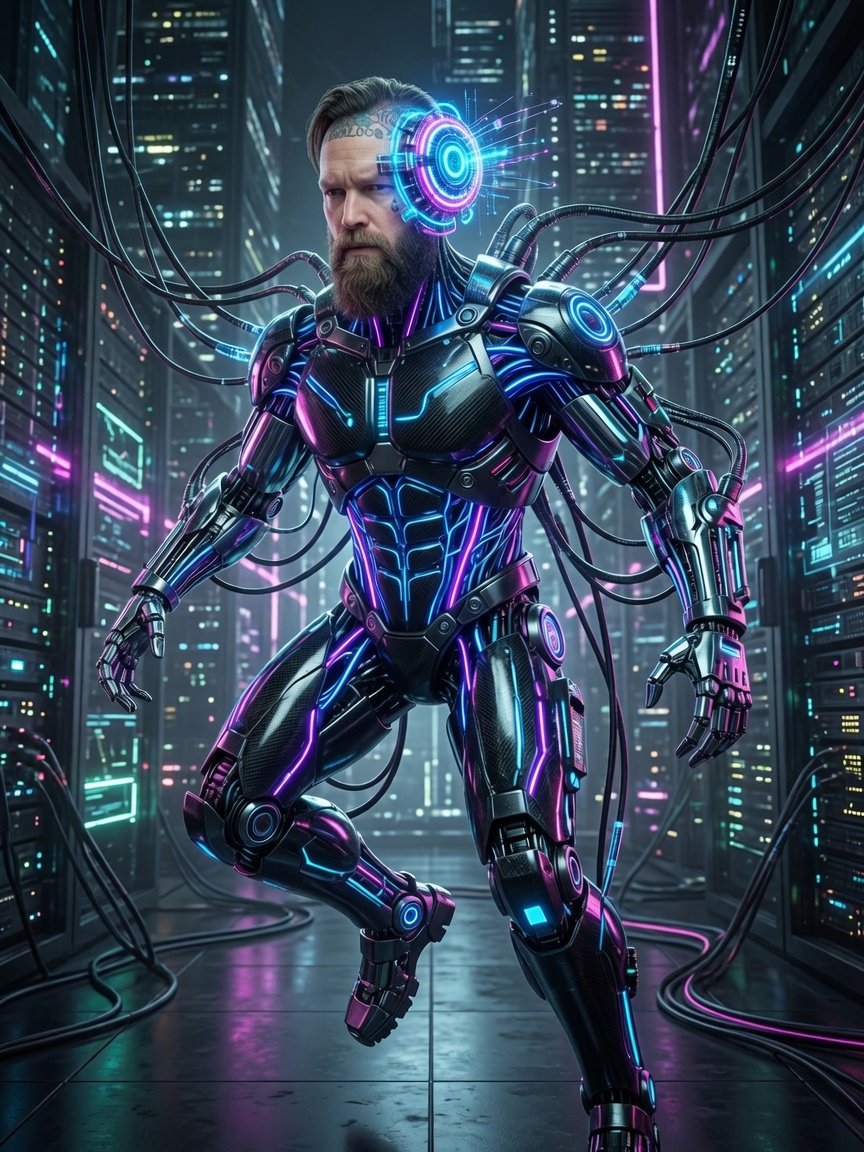 Reggie Grey as a cyborg in a cyberpunk world with neon and a digital interface