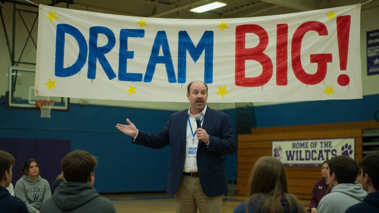 a lame cliche motivational speaker in a highcshool gym