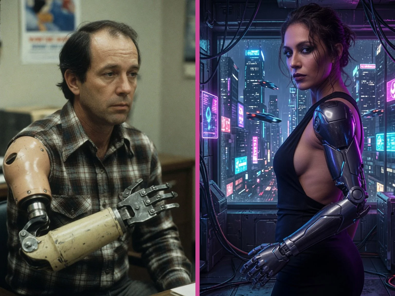a sad unattractive man has an ugly 1980s prosthetic arm in a splitscreen with a sexy cyberpunk woman with an awesome bionic arm