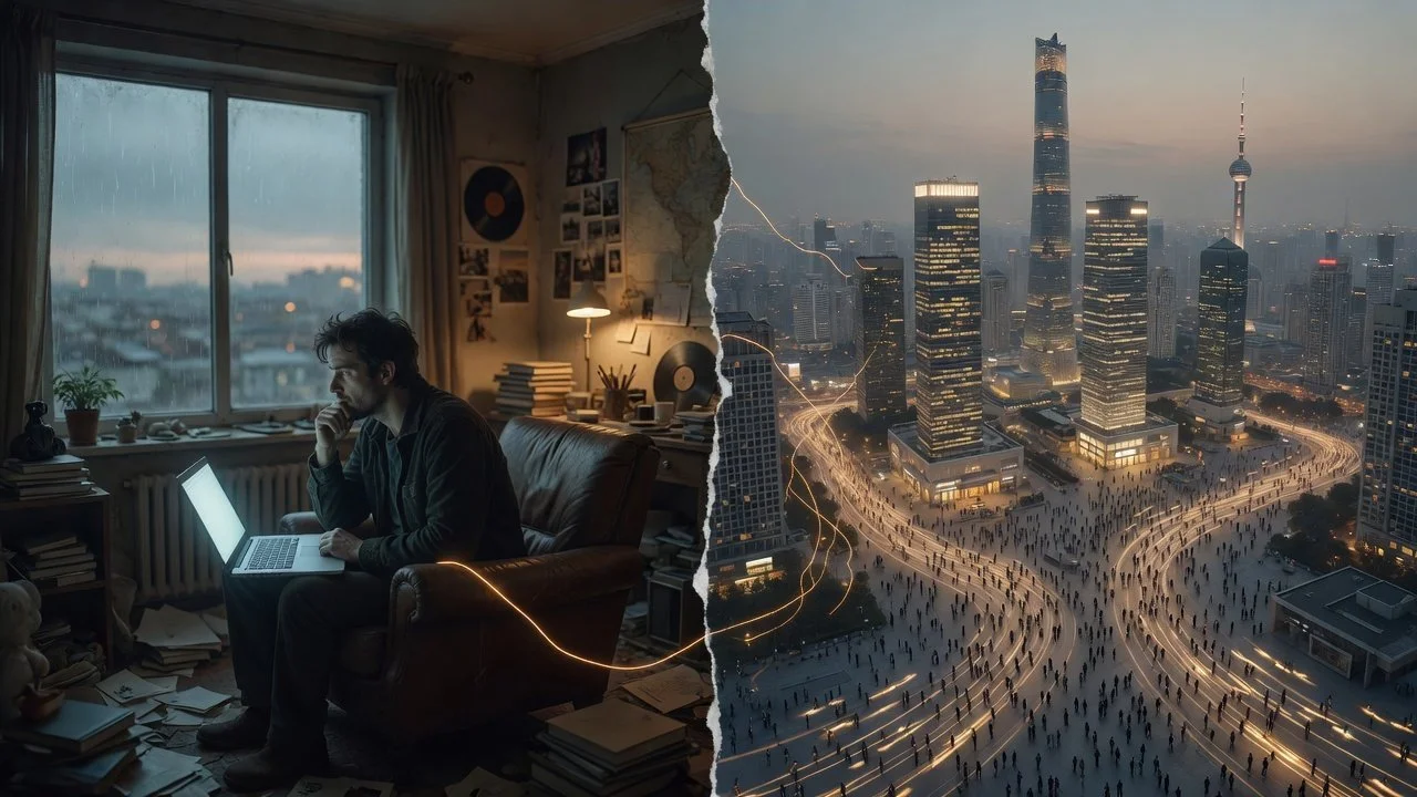 A white Western man is lonely in his apartment while Chinese masses move around buildings