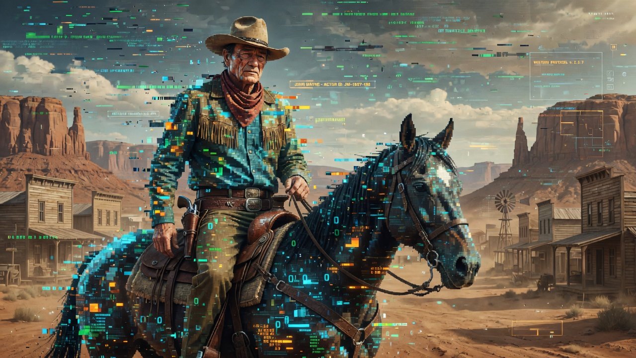 AI Digital John Wayne on a horse in a western town