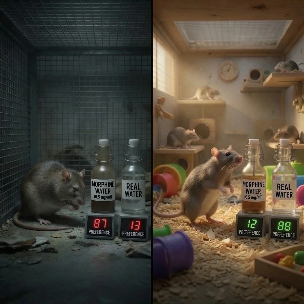 the experiment rat park, one side of the cage is an isolated rat and the other side is a socialied rat