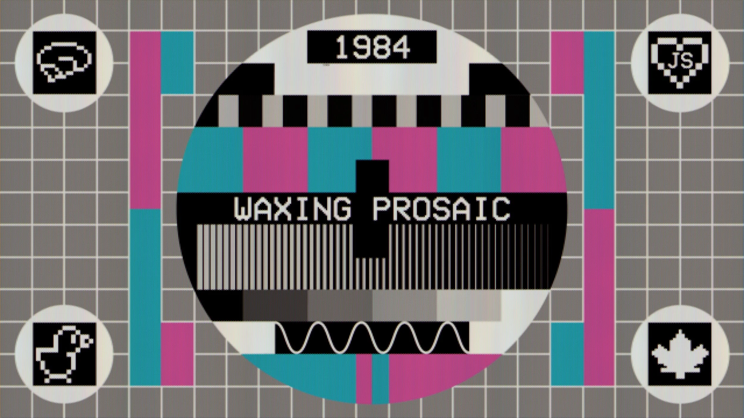A vintage television test pattern with the text "WAXING PROSAIC" in the center. The pattern includes colored bars, black and white stripes, waveform lines, and pixelated icons of a brain, heart, duck, and maple leaf in each corner.
