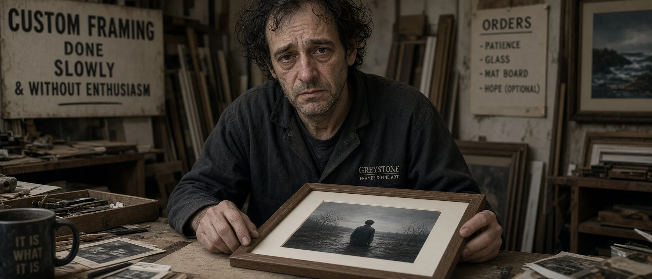 A sad man shows off his work as a picture framer.