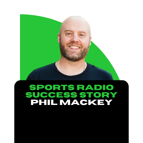 A smiling man with a beard and short hair, wearing a dark shirt, in front of a green background with black and green text that reads 'Sports Radio Success Story Phil Mackey'.