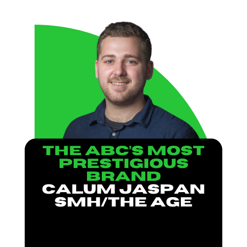 A man with short brown hair and a beard, wearing a navy blue shirt, smiling at the camera, with a green and black graphic background that says 'The ABC's Most Prestigious Brand Calum Jaspan SMH/The Age' in green and white text.