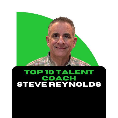 A man with short gray hair and a plaid shirt in front of a green screen background. The image has text that reads 'Top 10 Talent Coach Steve Reynolds'.