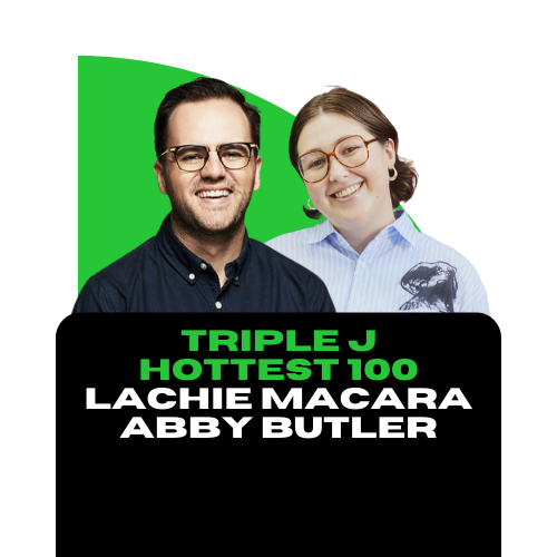 A photo of two smiling individuals, a man and a woman, standing in front of a green screen with text promoting a podcast episode featuring Lachie Macara and Abby Butler.