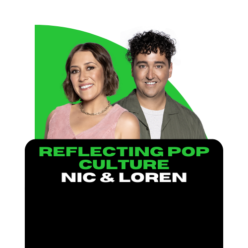 Promotional graphic for 'Reflecting Pop Culture' podcast featuring Nic and Loren, with photo of a woman with shoulder-length brown hair in a pink top and a man with curly dark hair in a green shirt, set against a colorful background.