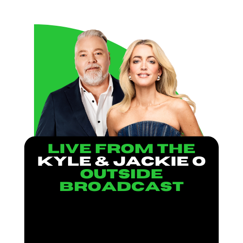 Promotional graphic featuring Kyle and Jackie O for an outside broadcast, with green, red, and brown color blocks and text indicating a live outdoor broadcast.