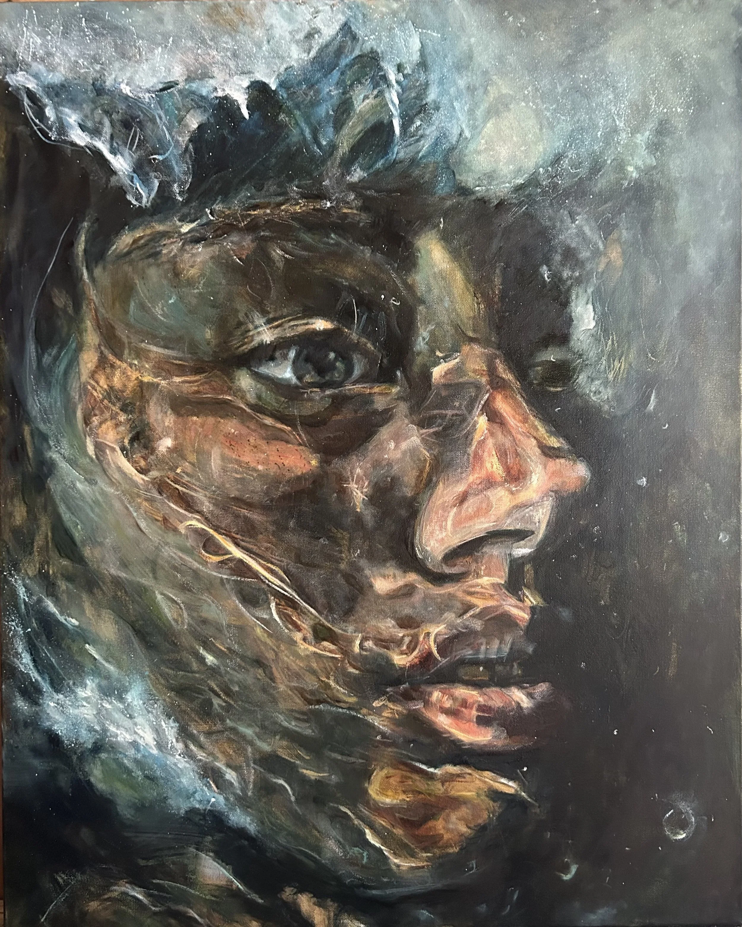 Abstract Realism painting of a person's face in profile emerging from under a wave, awakening to self. Beauty of Becoming Collection.