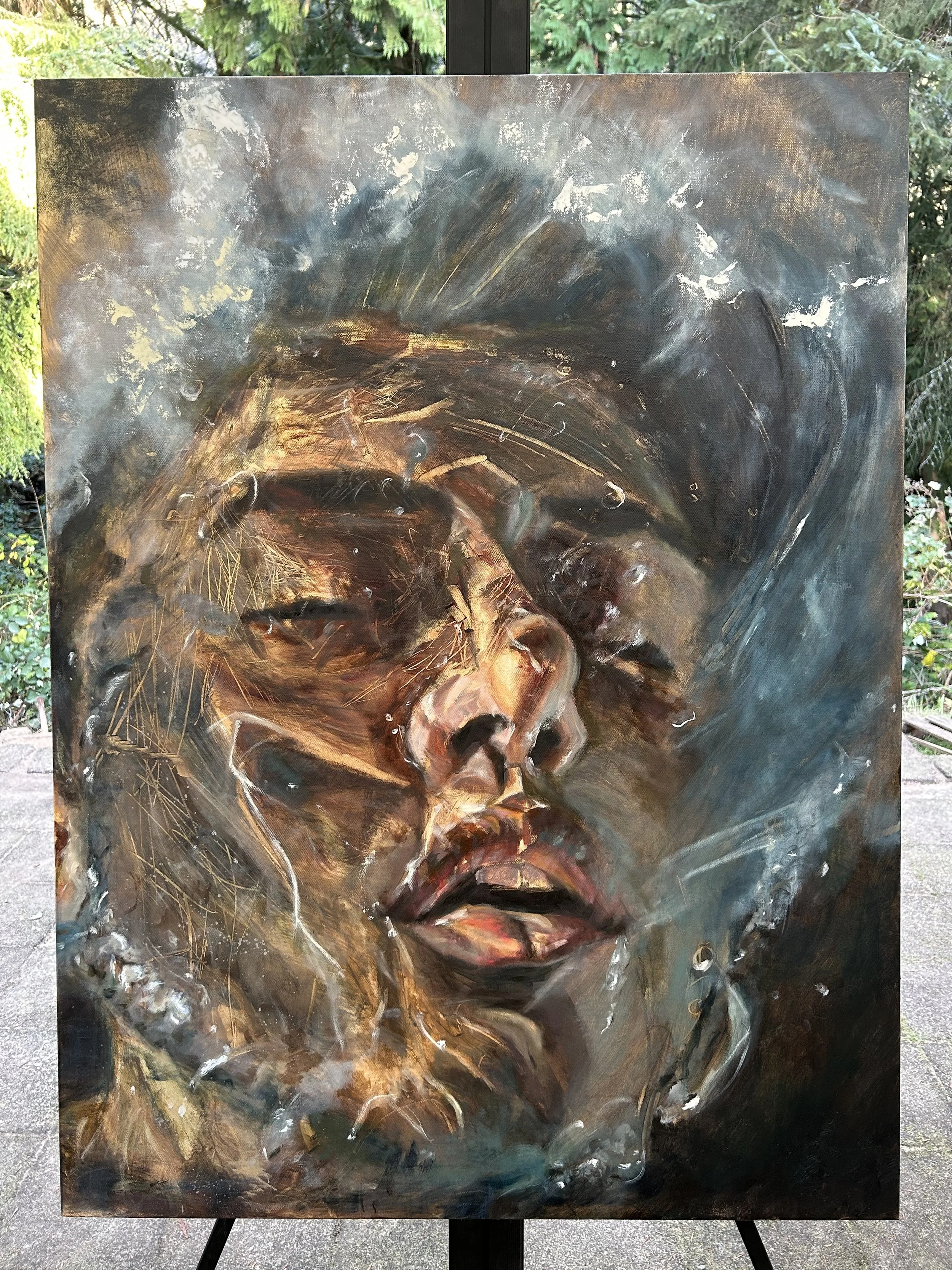 Abstract Realism painting of a woman’s face in a turbulent wave, with closed eyes, suspended in peace, using dark, earthy tones with metallic accents and dynamic brushstrokes. The Beauty of Becoming Collection.