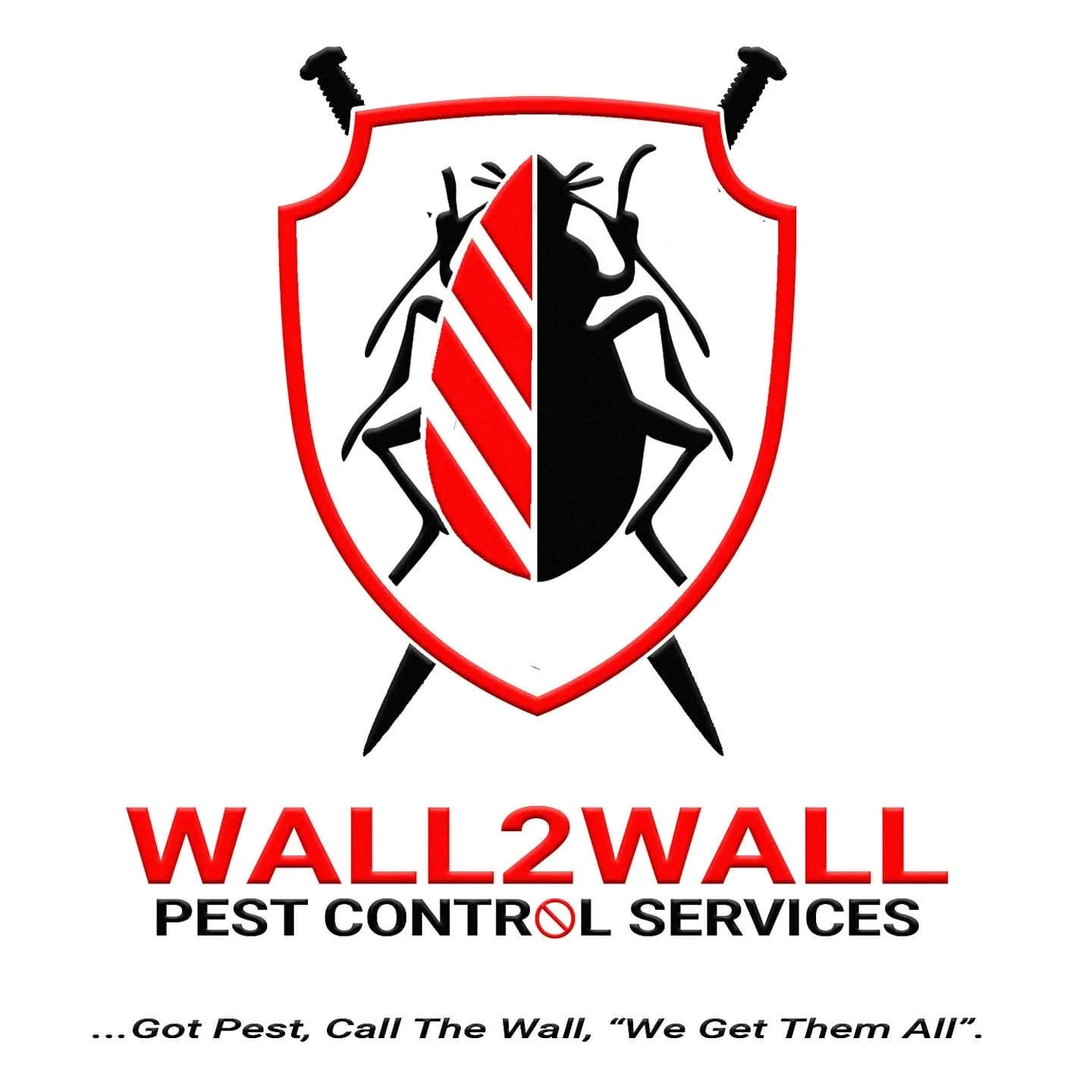 Logo for Wall2Wall Pest Control Services with a shield, crossed nails, and a pest insect at the center, with the company name and slogan.