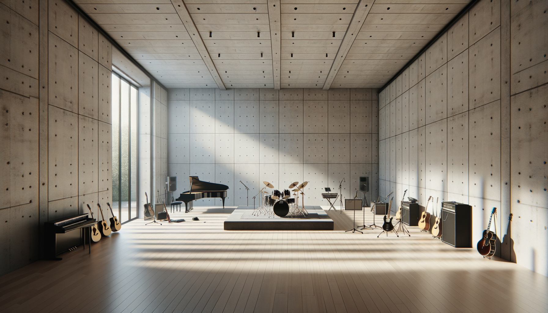 Music studio with drum set on a stage in front of a concrete wall, surrounded by guitars on stands, amplified speakers, and microphones, bathed in sunlight from large windows.