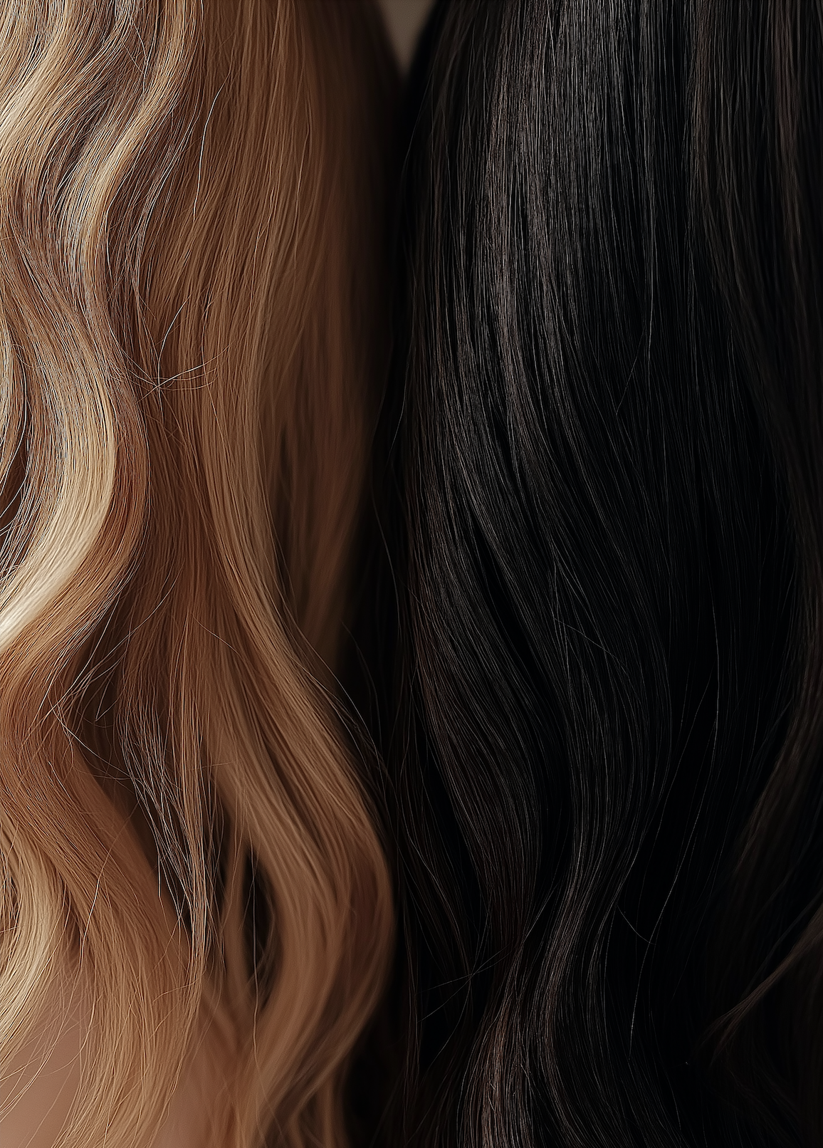 Close-up of two different hair colors and textures, one on the left with wavy, blonde hair, and one on the right with straight, black hair.