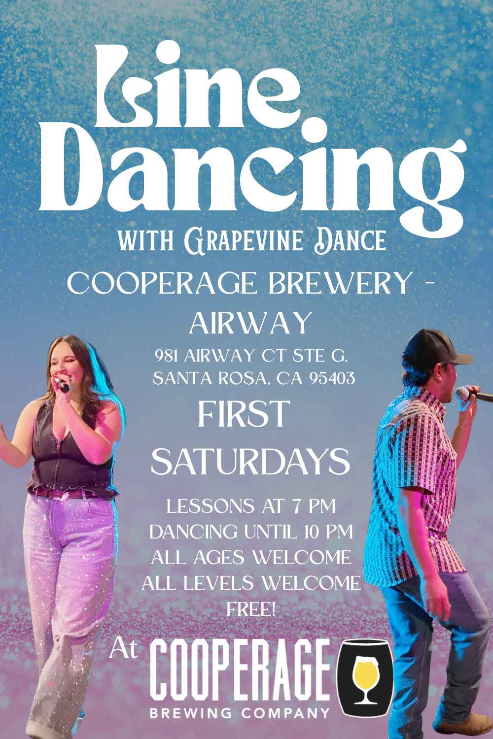Event poster for 'Jive & Jingle' with Grapevine Dance at Cooperage Brewery Airport in Santa Rosa, California. Features a woman singing and a man with a microphone, with purple and blue background.