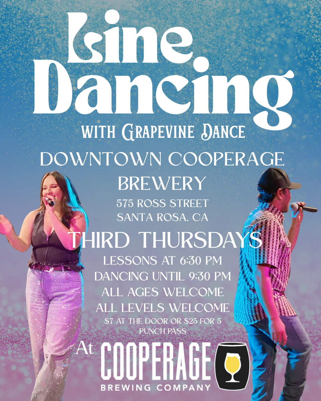 Poster advertising 'Line Dancing with Grapevine Dance' event at Cooperege Brewery in Santa Rosa, CA, held on the third Thursday of each month. It features a woman singing and a man dancing with a microphone, event details include lessons at 7 pm, dancing until 10 pm, free event suitable for all ages and skill levels.