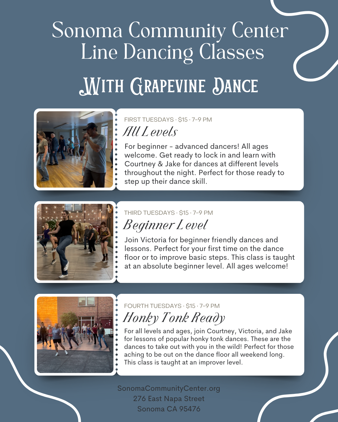 Flyer for Sonoma Community Center line dancing classes featuring three classes with descriptions and photos of people dancing inside and outside at night.