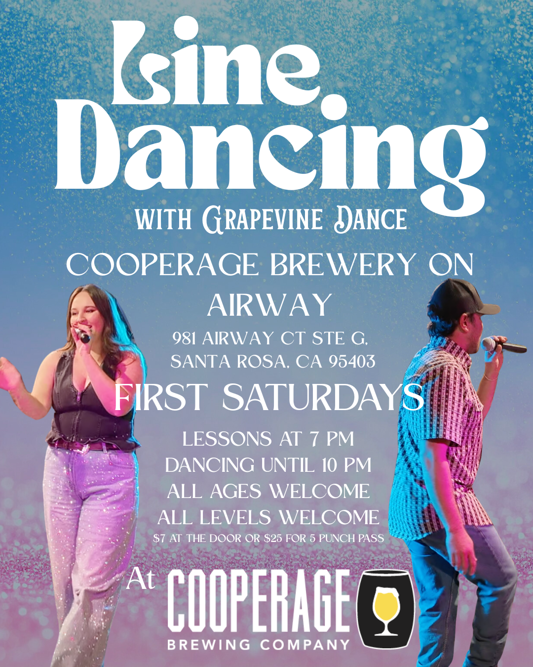Event poster for 'Jive & Jingle' with Grapevine Dance at Cooperage Brewery Airport in Santa Rosa, California. Features a woman singing and a man with a microphone, with purple and blue background.