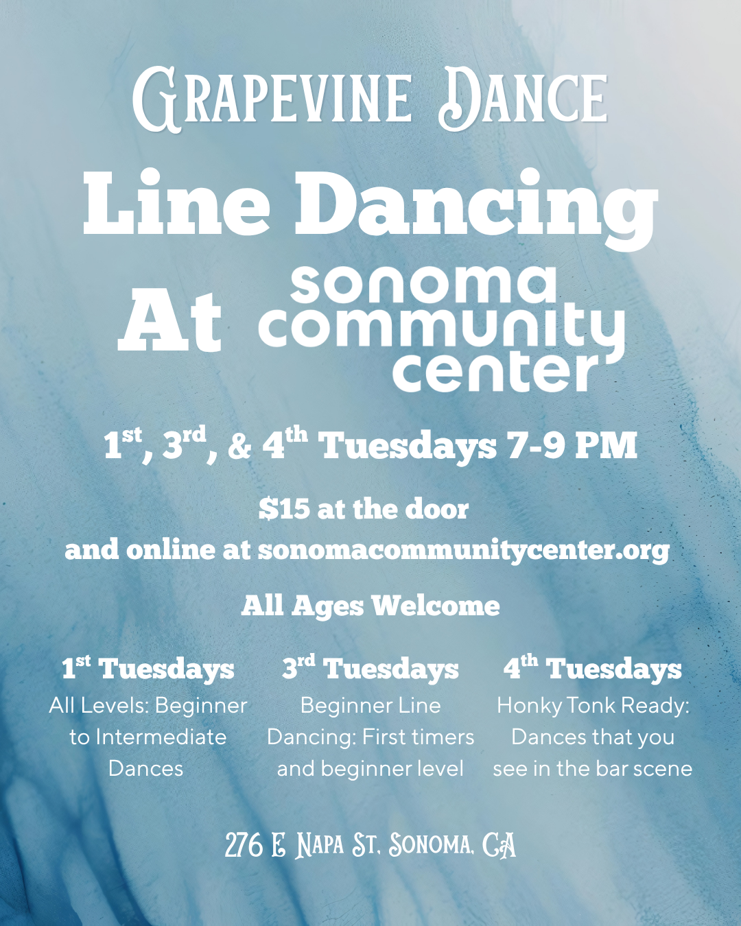 Flyer for Sonoma Community Center line dancing classes featuring three classes with descriptions and photos of people dancing inside and outside at night.