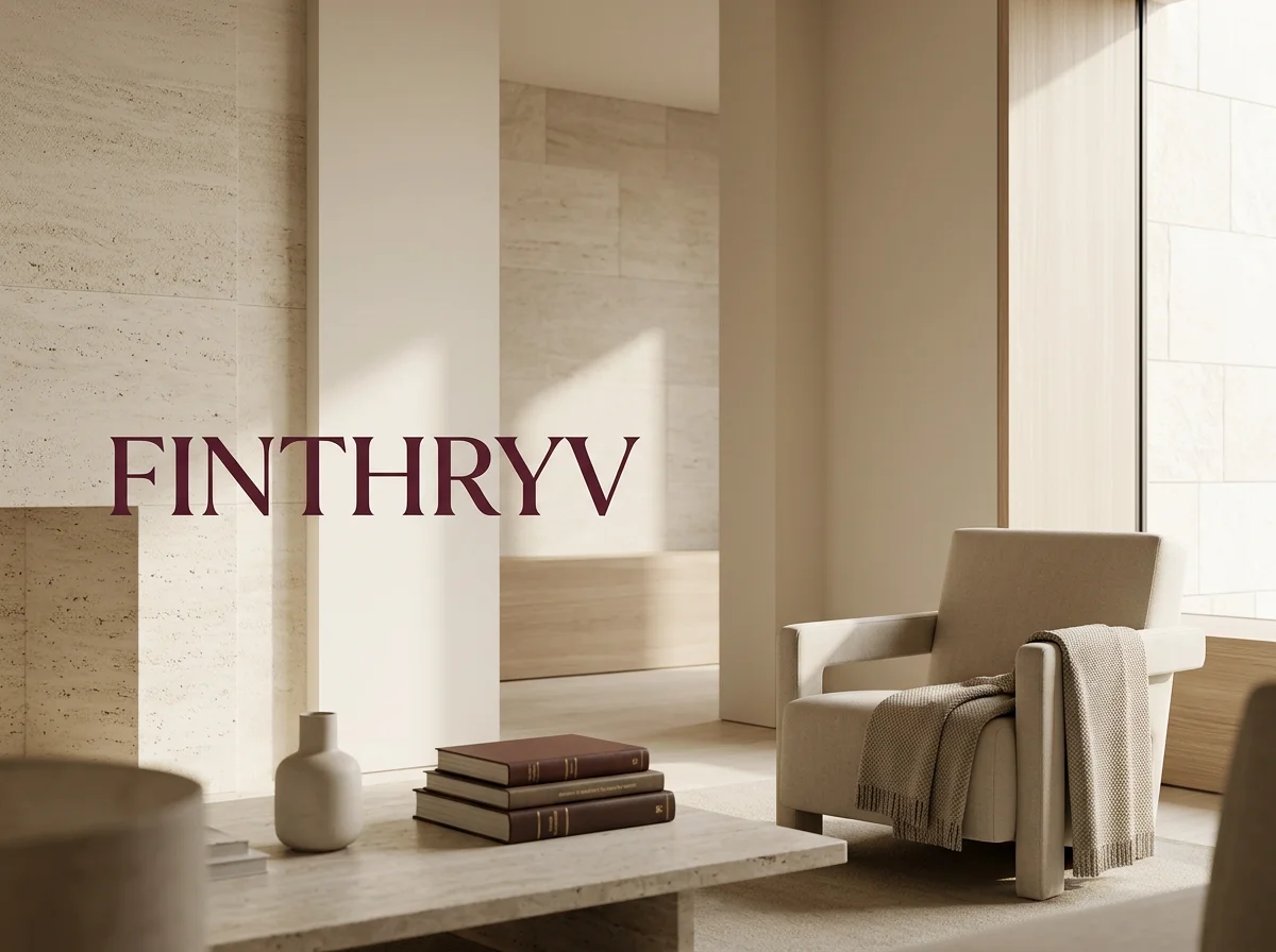 Sunlit modern entryway with a cream armchair, textured throw, books, and ceramic vase beside a stone coffee table