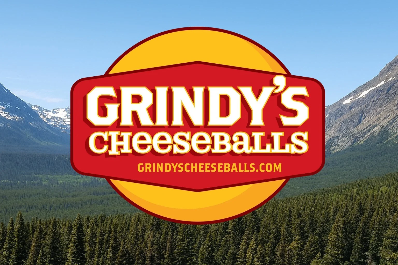 Logo for Grindy's Cheeseballs with a mountain landscape background.